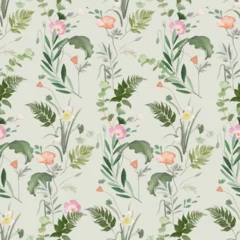 Fototapeten Floral seamless pattern features a variety of flowers and foliage in a rich, naturalistic style on a light green background, creating a vibrant and visually engaging design © momosama