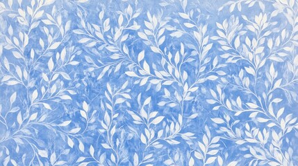 Pastel blue background with white leaf pattern.