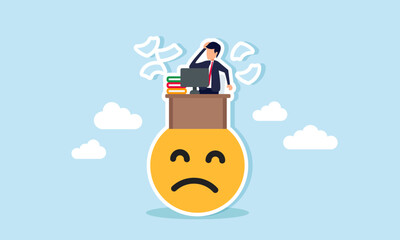 Fototapeta premium A businessman at his desk sits on a sad emoticon, feeling confused and frustrated, illustration of exhaustion from overwhelming business tasks
