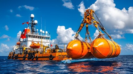 Obraz premium Intercontinental Subsea Internet Cable Deployment from Offshore Ship Conducting Critical Infrastructure for Global Telecommunications Connectivity