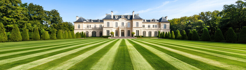 Naklejka premium Elegant mansion with grand entrance and perfectly manicured lawn