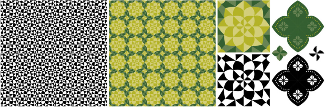 シームレスパターンテクスチャーと装飾図案デザイン「植物イメージ幾何学模様」緑色とモノクロ（Seamless pattern texture and decorative design "Plant-inspired geometric pattern" in green and monochrome.）