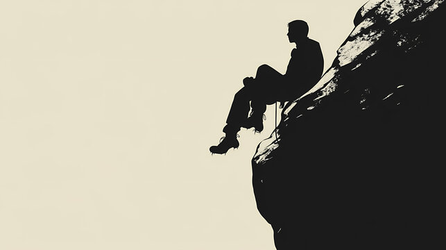 Silhouette of a climber resting on a cliff face. conveys themes of introspection and challenge. ideal for adventure or motivational content. Extreme Contrast Themes. Illustration