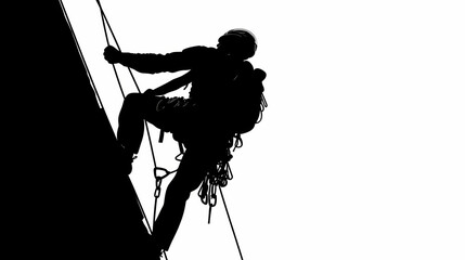 Silhouetted climber ascends with ropes and gear. ideal for adventure, resilience, or challenge themes. Extreme Contrast Themes. Illustration