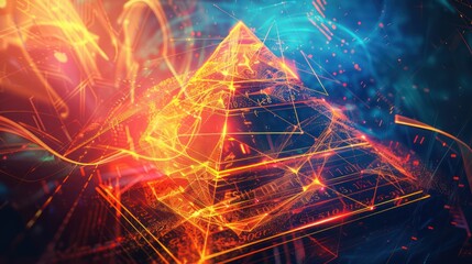 A glowing financial pyramid made of lines and symbols, set against a vibrant abstract background with swirling colors, representing wealth and structure.