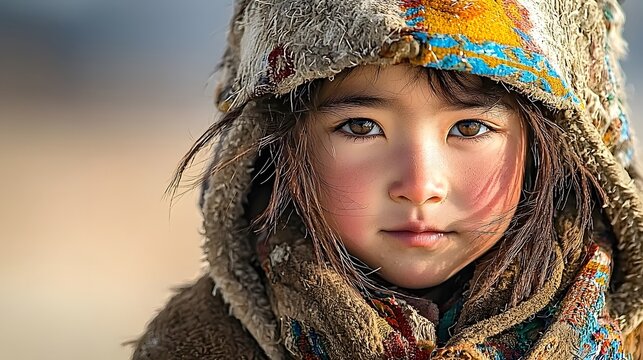 Portrait of a Mongolian child wearing a traditional deel coat with colorful patterned design facing the with a pensive expression in an outdoor snowy environment