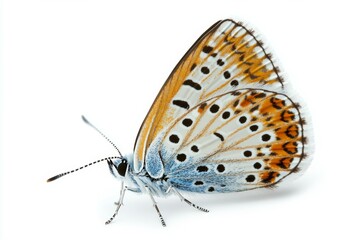 Obraz premium Butterfly with blue and orange wings is standing on a white background