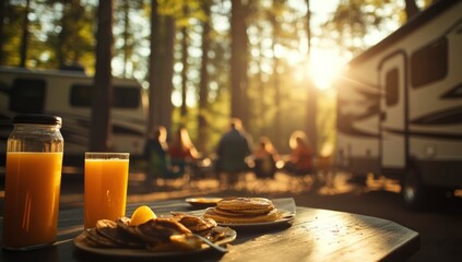 Sunset Camping Breakfast: Pancakes, Juice, and RV Fun