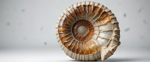 Obraz premium Fossilized ammonite shell on a white background, cephalopod shell, paleontology artifact
