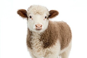 Fototapeta premium Baby sheep with brown and white fur stands in front of a white background