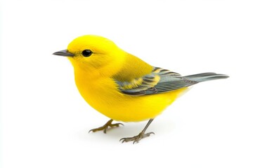 Yellow bird with a black beak stands on a white background