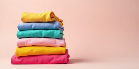 A neatly stacked pile of colorful folded shirts, showcasing vibrant hues and soft textures against a pale pink background