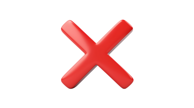 Red Glossy X Mark Graphic Interface Element on transparent background