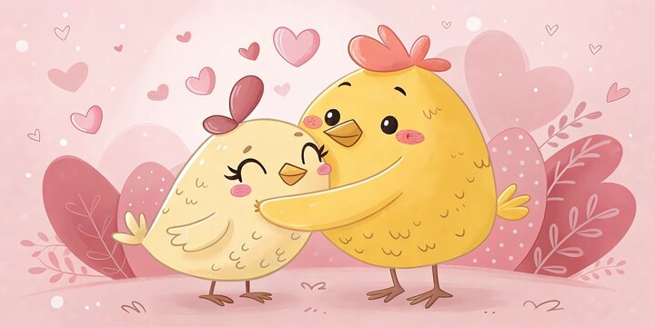 Pollito amarillito abraza a otro pollito amarillito en fondo rosa