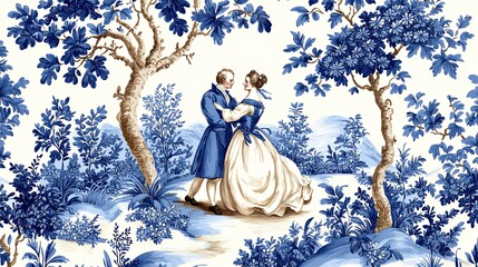 Romantic Couple in Blue and White Toile de Jouy Print