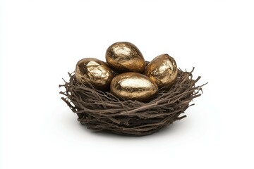 Nest of gold eggs sits on a white background
