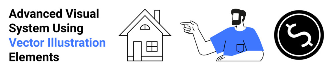 A man points towards a house and a dollar sign, representing financial planning, real estate, property ownership, investment, home buying, monetary decisions, and savings. Ideal for flat landing page