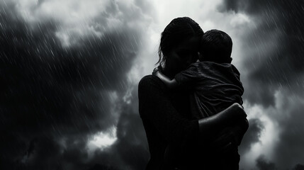 A dramatic black and white image of a mother and child in a storm