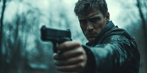 In a dimly lit setting, a man grips a black handgun with determination. Dressed in a leather jacket, his focus conveys an intense story filled with suspense and danger