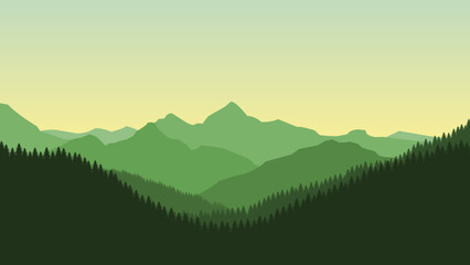 Green mountain landscape wallpaper in a minimalist flat design style. Minimalist beauty background for desktop and wallpaper