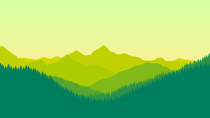 Green mountain landscape wallpaper in a minimalist flat design style. Minimalist beauty background for desktop and wallpaper