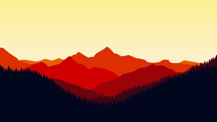 Orange mountain landscape wallpaper in a minimalist flat design style. Minimalist beauty background for desktop and wallpaper