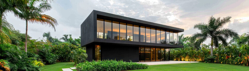 Fototapeta premium Modern villa with glass walls surrounded by lush garden and palm trees