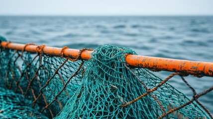 A close-up of a fishing net with an orange pole against a backdrop of calm sea waters, highlighting the texture and color of the materials.