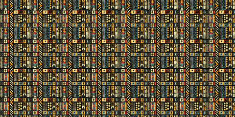 Fototapeta premium Abstract African art shapes seamless backgrounds, tribal geometric decoration patterns. Colored flat boho symbols illustrations 