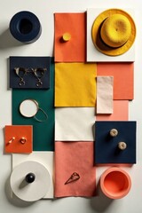 Creative architect's moodboard composition with samples of building materials, textiles, and personal accessories in a flat lay arrangement, abstract patterns, natural textiles, modern designs