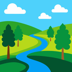 Obraz premium River flows through a lush green field, bordered by vibrant trees under a clear blue sky flat vector.