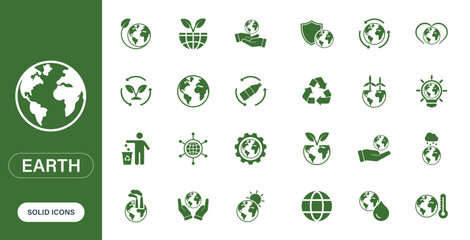 Solid vector icons on the theme of Earth, ecology, climate change, sustainability.