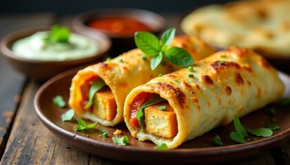 Crunchy paneer kathi roll wrapped in a flaky paratha with cucumber raita and mint chutney, kathi roll, indian food, cheese