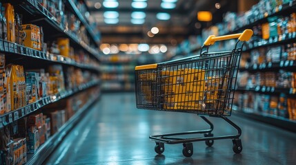 Shopping Cart in Grocery Store Aisle Surrounded by Colorful Product Displays and Bright Lighting