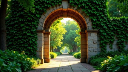 Stone archway entrance to a verdant pathway leading through a lush green garden, bathed in sunlight