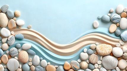 Obraz premium Tranquil natural pebble stones arranged in a serene coastal landscape with calming water waves lapping at the shore The soothing neutral colors and smooth textures create a calming