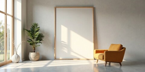 Fototapeta premium Sunlight streams into a minimalist interior showcasing a large blank canvas, a comfortable mustard armchair, and a potted plant, creating a serene and inviting atmosphere.