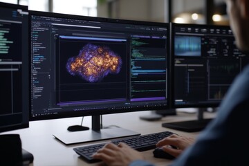 Man is working on a computer with three monitors