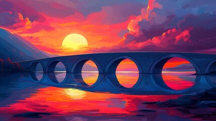 Stone Arch Bridge at Sunset Pixel Art Landscape