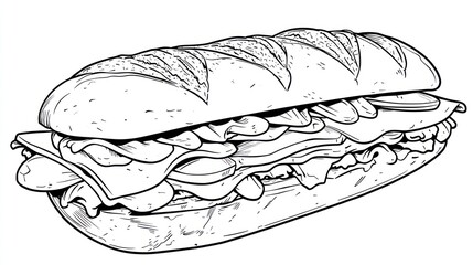 Delicious Sub Sandwich, Fresh Ingredients, White Background, Menu Illustration