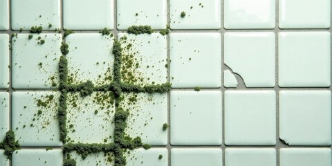 Close-up of mold growth pattern on a section of light green square tiles with a cracked tile