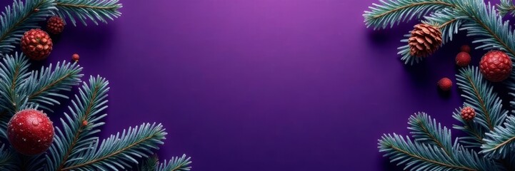 Fototapeta premium Dark purple background with frosted fir branches and cones, dark purple, evergreen, purple