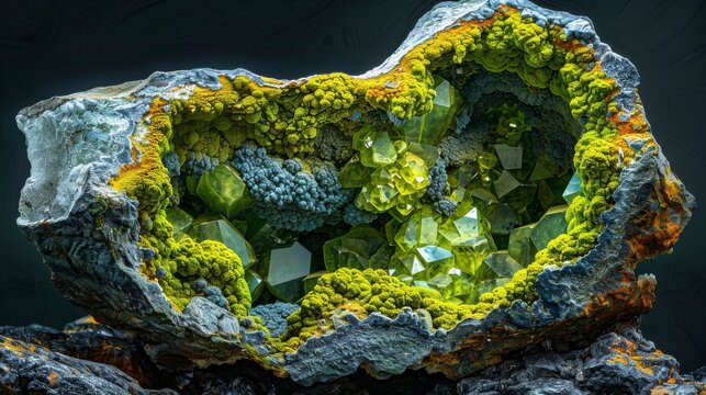 Radiant Green Epidote Crystals Adorning a Geode Showcasing Unique Geological Formation and Colorful Crystal Structure