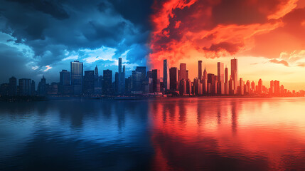 A dramatic cityscape split between blue and red skies, showcasing contrasting weather patterns and a sense of impending change. Extreme Contrast Themes. Illustration