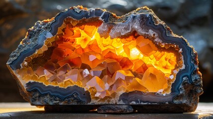 Sunlit Splendor: Captivating Geode with Vibrant Orange and Yellow Crystal Formations