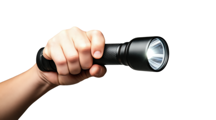 Hand Holding Bright Flashlight in Darkness on transparent background