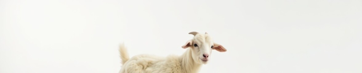 Fototapeta premium Fluffy white goat against pure white backdrop, adult, simple, serene