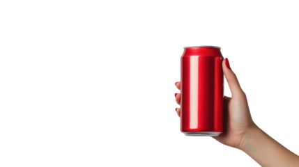 Womans Hand Holding Red Soda Can   Refreshing Drink on transparent background