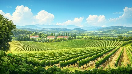 Fototapeta premium Sunny Vineyard Landscape with Rolling Green Hills and Farmhouse