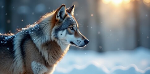 Frosty landscape, timber wolf's fur glistens with snowflakes, winter, animal, wildlife
